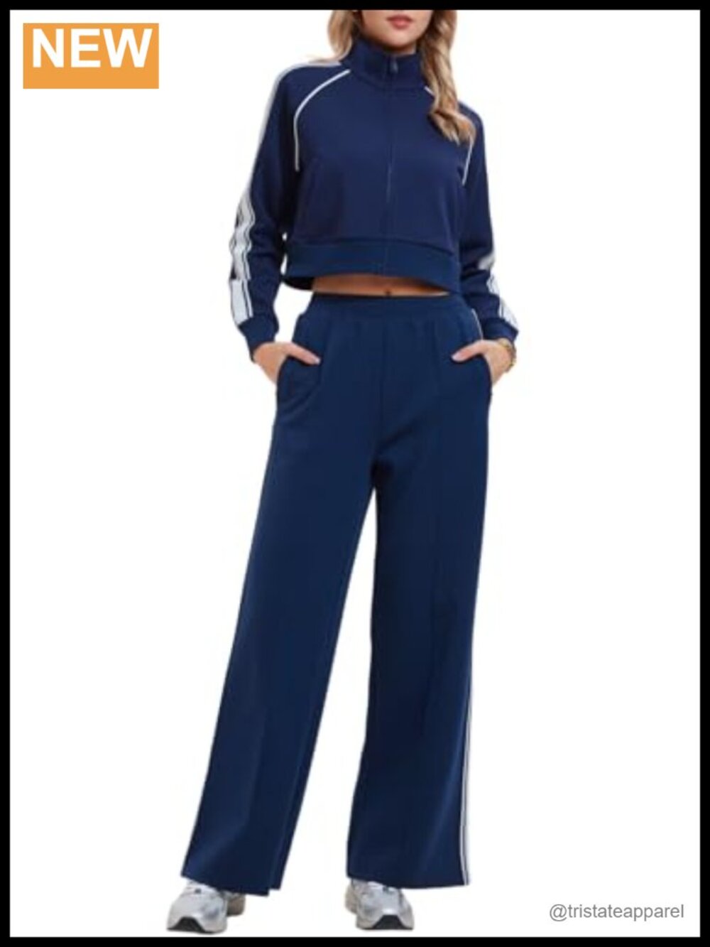Women 2 Piece Sweatsuit Set Cropped Zip Jacket Wide Leg Pants Travel Outfit